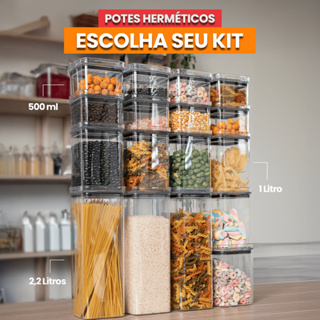 Kit 17 Potes Herméticos Com Tampa Quadrados Empilháveis Acrílico