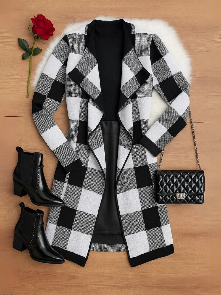 Cardigan Xadrez Casaco Kimono Sobretudo Tricô Moda Inverno Feminino