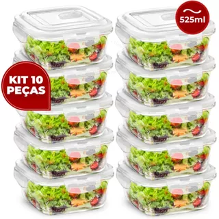 Kit Até 10 Potes Hermético de Vidro 525ml C/ Válvula Ar Marmita Fit Tampa 4 Travas Freezer Geladeira