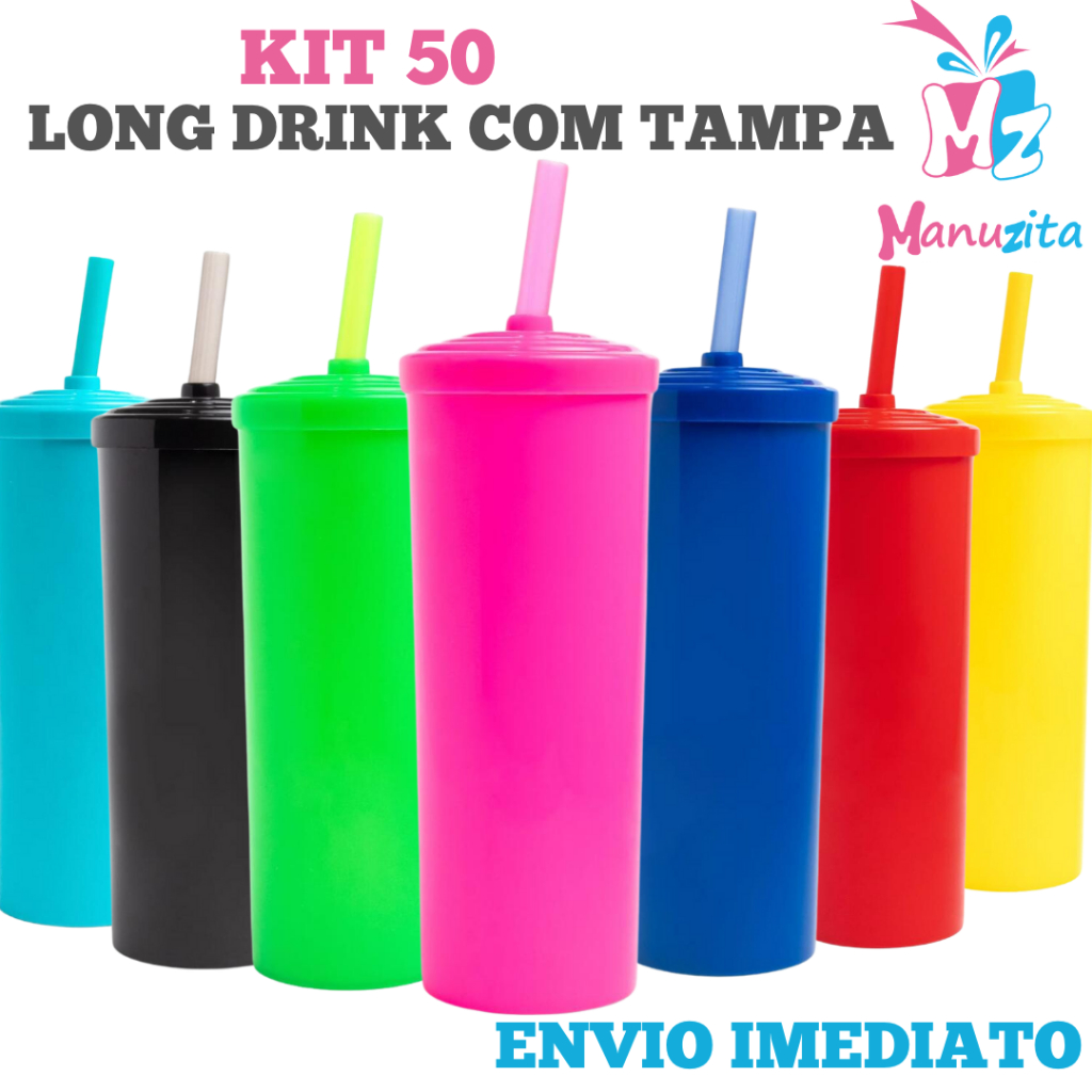 Kit 50 Copos Long Drink Com Tampa - 350ml | Shopee Brasil