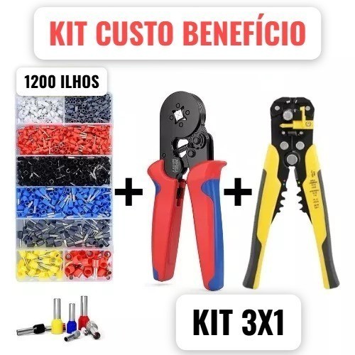 Kit Alicate Crimpar Cripador + 1250 Terminais Ilhos + Alicate Descascador Decapador 0,25 Até 10mm²