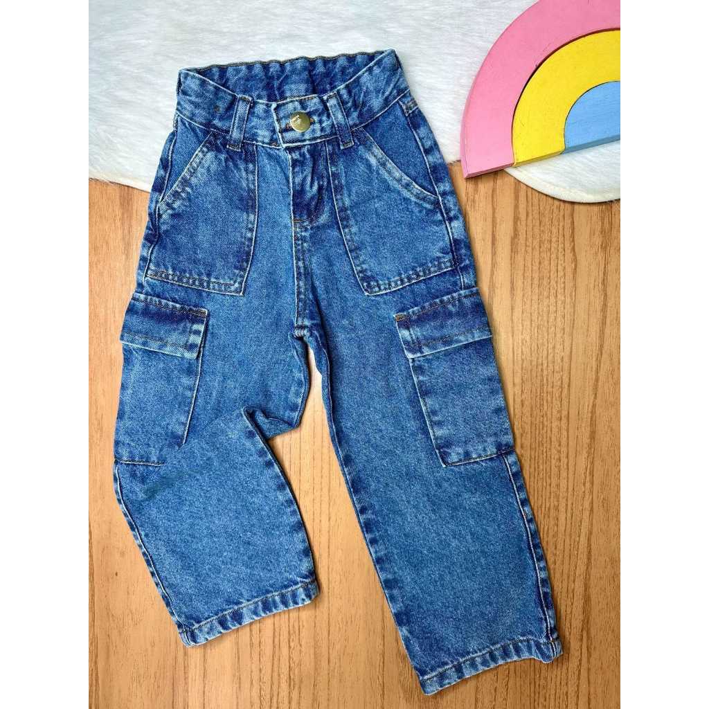 Calça Cargo Jeans Feminina Infantil | Shopee Brasil