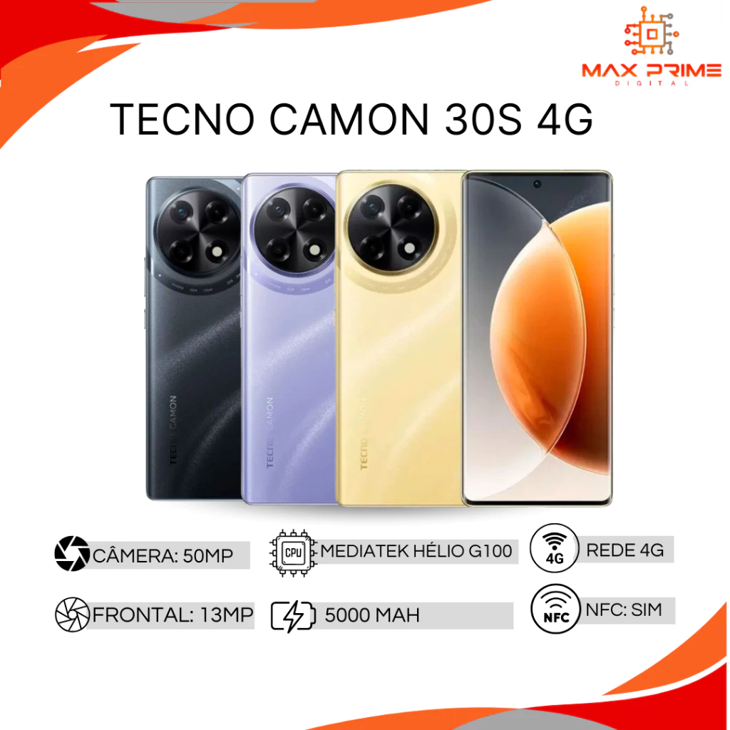 <img src="https://deo.shopeemobile.com/shopee/shopee-pcmall-live-sg/productdetailspage/d35d840bd7617cd29fc5.svg" alt="mall inline badge">Tecno Camon 30S 4G 256GB/8GB RAM, Câmera de 50MP, Processador Mediatek Hélio G100, Bateria 5000mAh Versão Global<br>