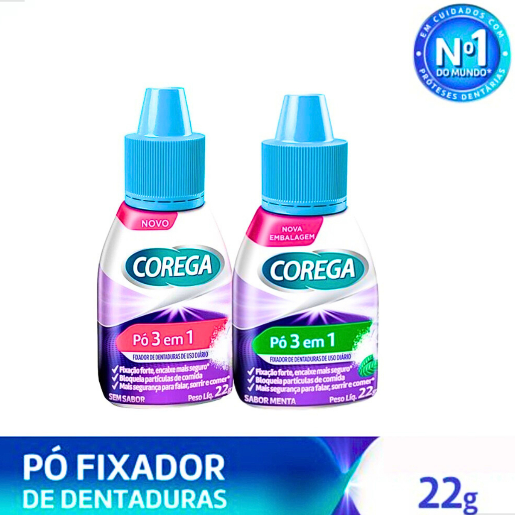Corega Pó Fixador de Dentadura 3 em 1 Fixa Dentadura Sem Sabor ou Sabor ...