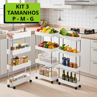 KIT 3 Carrinhos com 4 Prateleiras Portátil com Rodinhas Pequeno Médio Grande em Oferta na Shopee