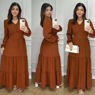 Vestido Longo Liso Feminino Com Manga Longa Com Elastex Nas Costas em Oferta na Shopee