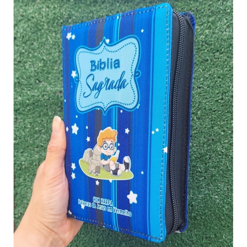 Bíblia Sagrada Infantil Menino Zíper AZUL C/ Harpa Índice Evangélica ...