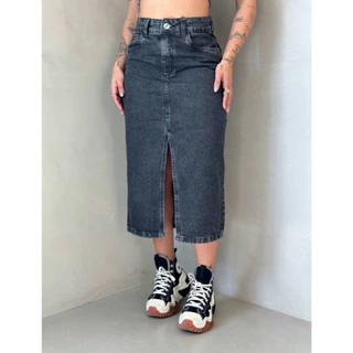 SAIA MIDI JEANS LONGA COM FENDA CINTURA ALTA PREMIUM EMPINA BUMBUM