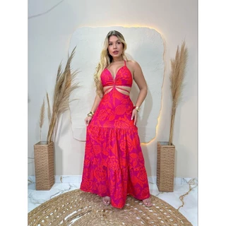 Vestido feminino longo estampado con bojo e forro frente unica em Oferta na Shopee