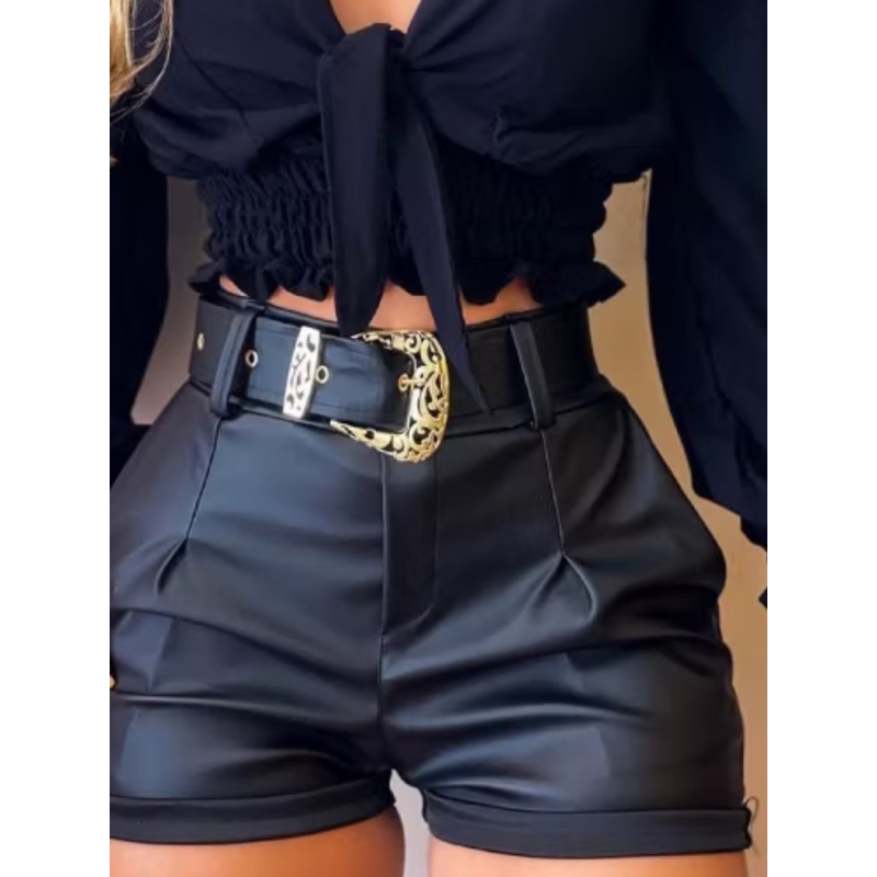 short de couro com cinto. | Shopee Brasil