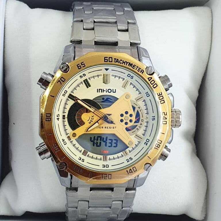 Relógio Masculino Ana-digi Metal A Prova D'Água Marca Inhou Modelo 1168 46mm