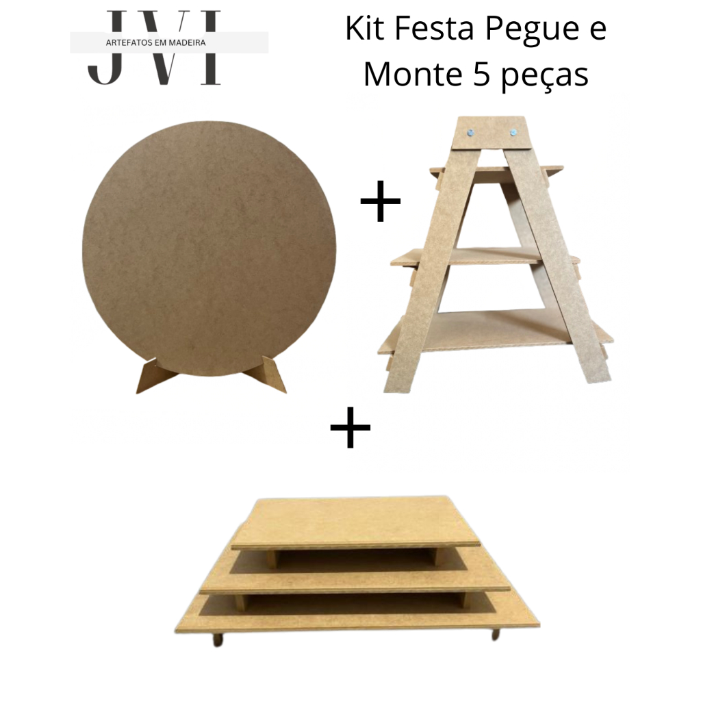 Kit Festa Pegue e Monte em mdf Crú 5 peças Escada P,Painel,Bandejas ...
