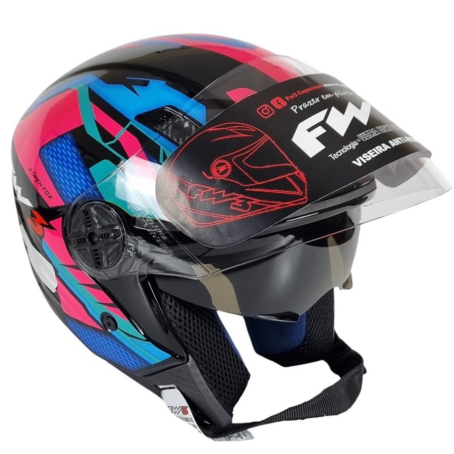 CAPACETE FW3 ABERTO COM ÓCULOS INTERNO X OPEN UP FOX ROSA/AZUL VISEIRA ...