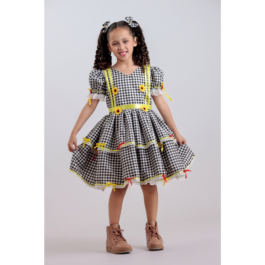 Vestido Caipira Infantil Festa Junina Xadrez girassol - Renda E Fitas ...