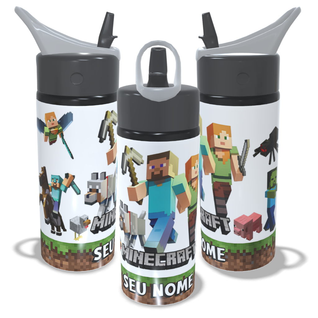 Garrafa Infantil De Alumínio Minecraft Personalizada COM NOME 600ml ...