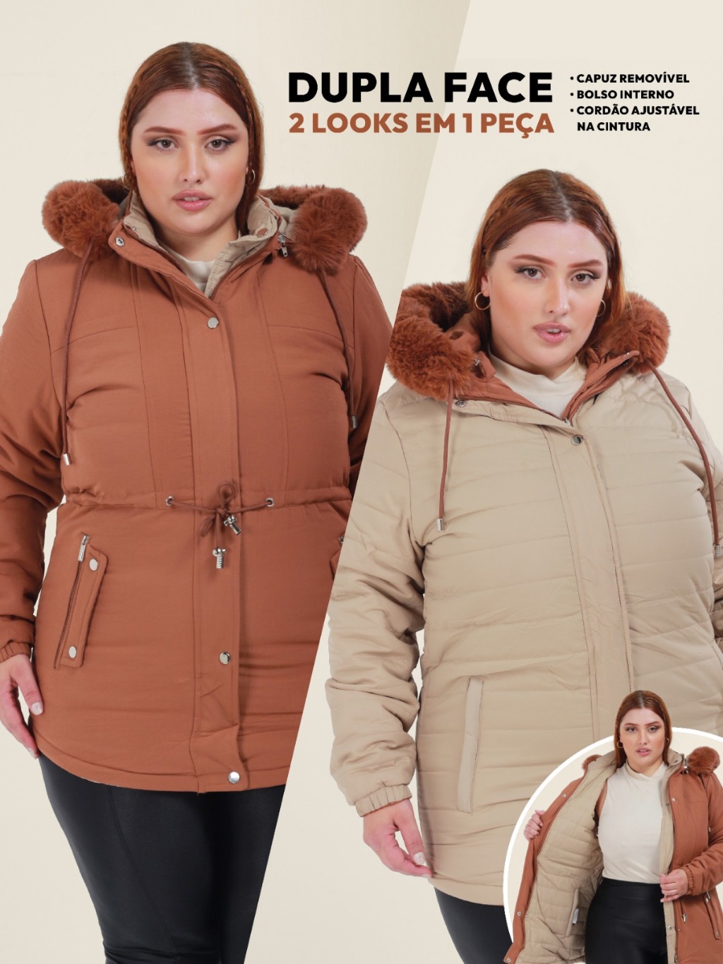 Jaqueta Parka Dupla Face Plus Size Sobretudo Feminina Cores - Main Image