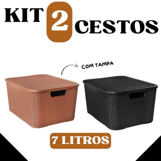 Kit com 2 Cestos Rattan 7 Litros com Tampa – Marrom e Preto | Organizador Elegante e Resistente em Oferta na Shopee