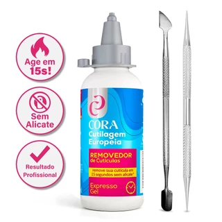 Kit Gel Removedor Cutícula Cora Caneta Hidratante Espátula e Palito Dupla Ponta Bella Inox