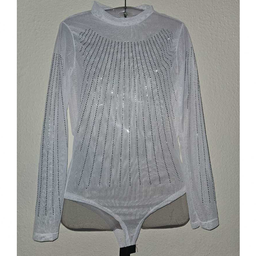 Body Feminino Tule Pedraria Branco / Bodi Strass Brilho Verão 2023