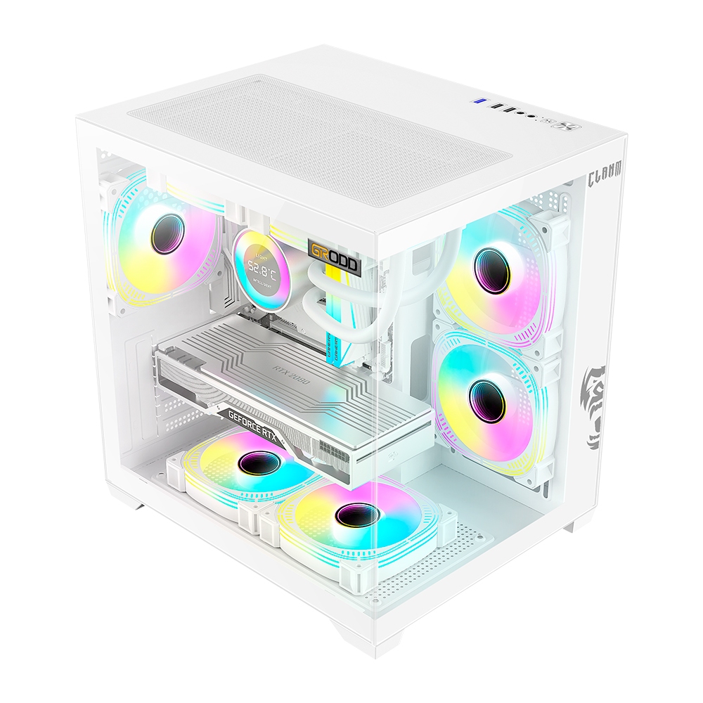 GABINETE GAMER SNOW BRANCO GRODD | LATERAL DE VIDRO - AQUÁRIO - CLANM