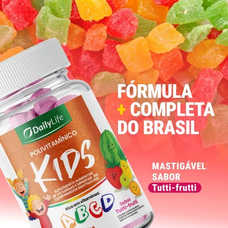 Polivitamínico Kids Mastigável com Vitaminas A B C D Suplemento Infantil para Crianças Daily Life