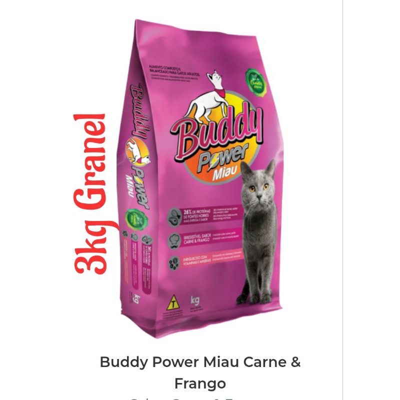 3kg Granel, Ração Buddy Power Miau, Gatos Adultos, Sabor Carne e Frango ...