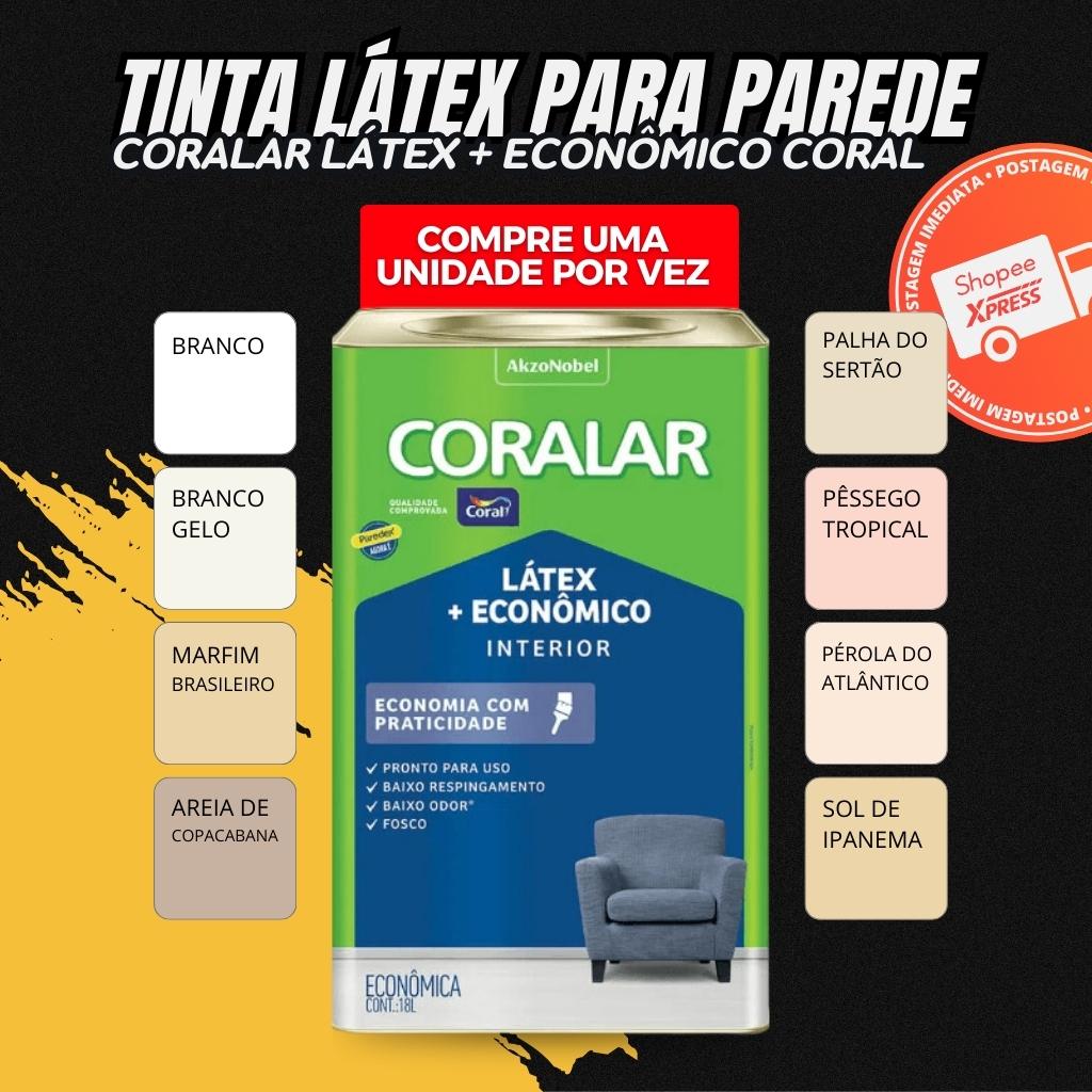 Tinta Látex Econômica Coralar Paredex Secagem Rápida 18 Litros Coral - cores | Parede, quarto, sala
