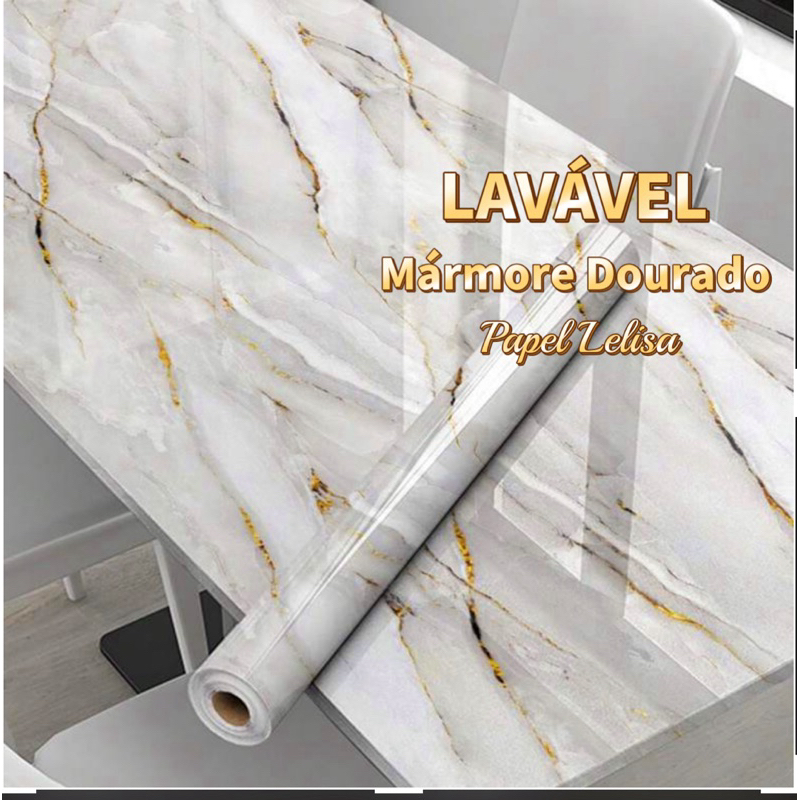 papel de parede Adesivos Brilante Lavável Mármore Dourado 4.5 Metro x 60cm Resistente a Agua/Óleo