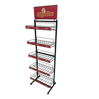 Display Para Salgadinhos Expositor Bebidas e Outros Com Cesto Aramado Mercado Mercearia Desmontável 5 Andares