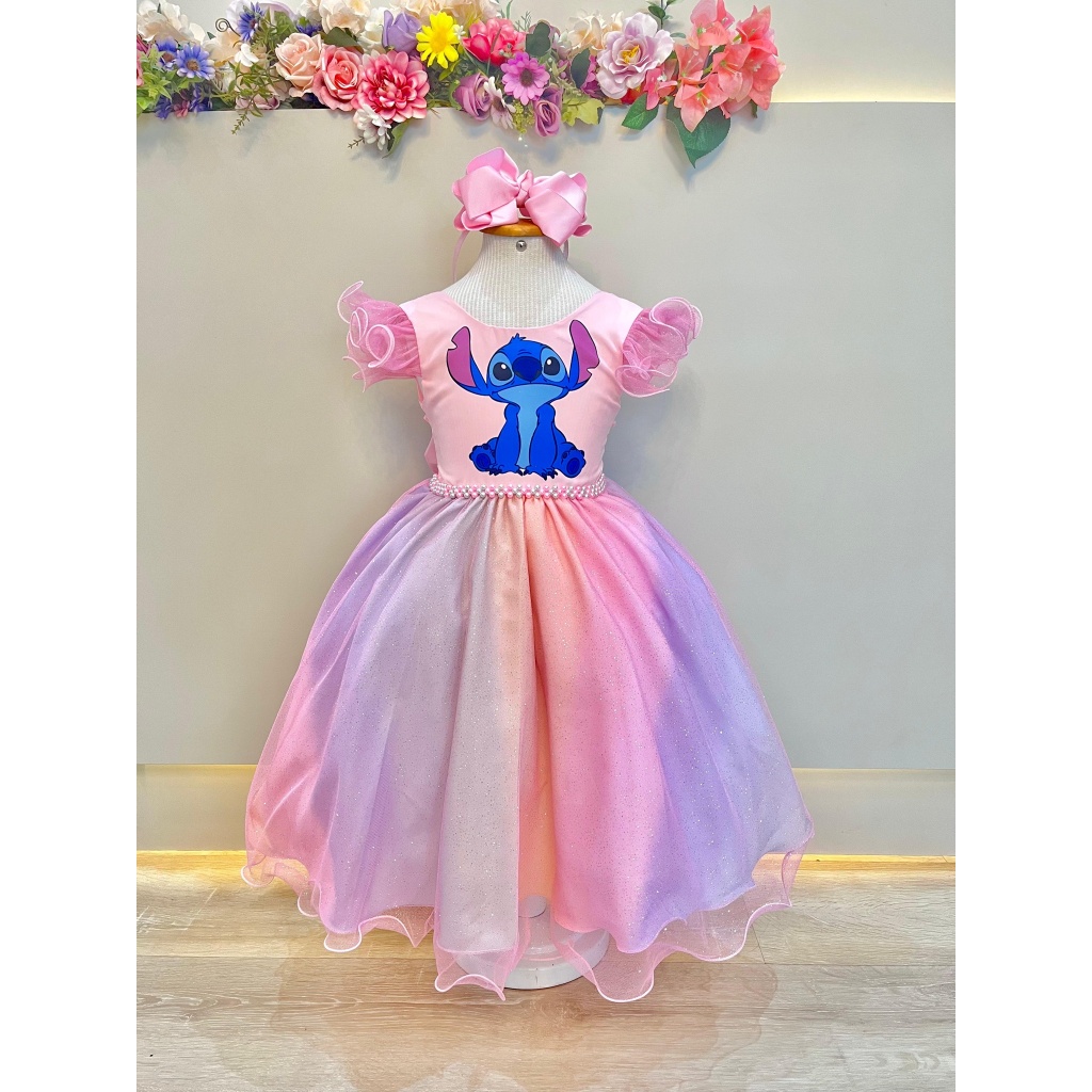 Vestido Stitch Rosa Tons Pastéis Arco Iris | Shopee Brasil