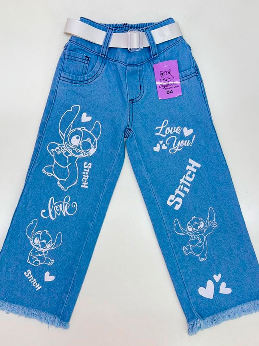Calça Infantil Feminina Wide Leg Jeans com Cinto e Estampa do Stitch ...