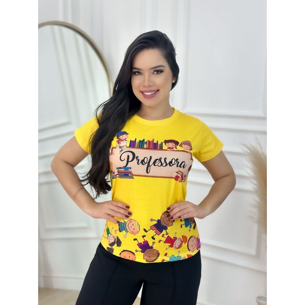 Blusa Feminina Camiseta Professora Educação Baby Look Amarela de ...