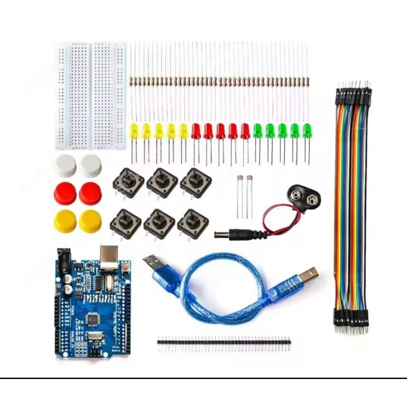 Kit Uno R3, protoboard, jumpers, LEDs coloridos, resistores, botões ...