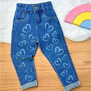 Calça Jeans Mom Coração Infantil Menina Feminina Juvenil