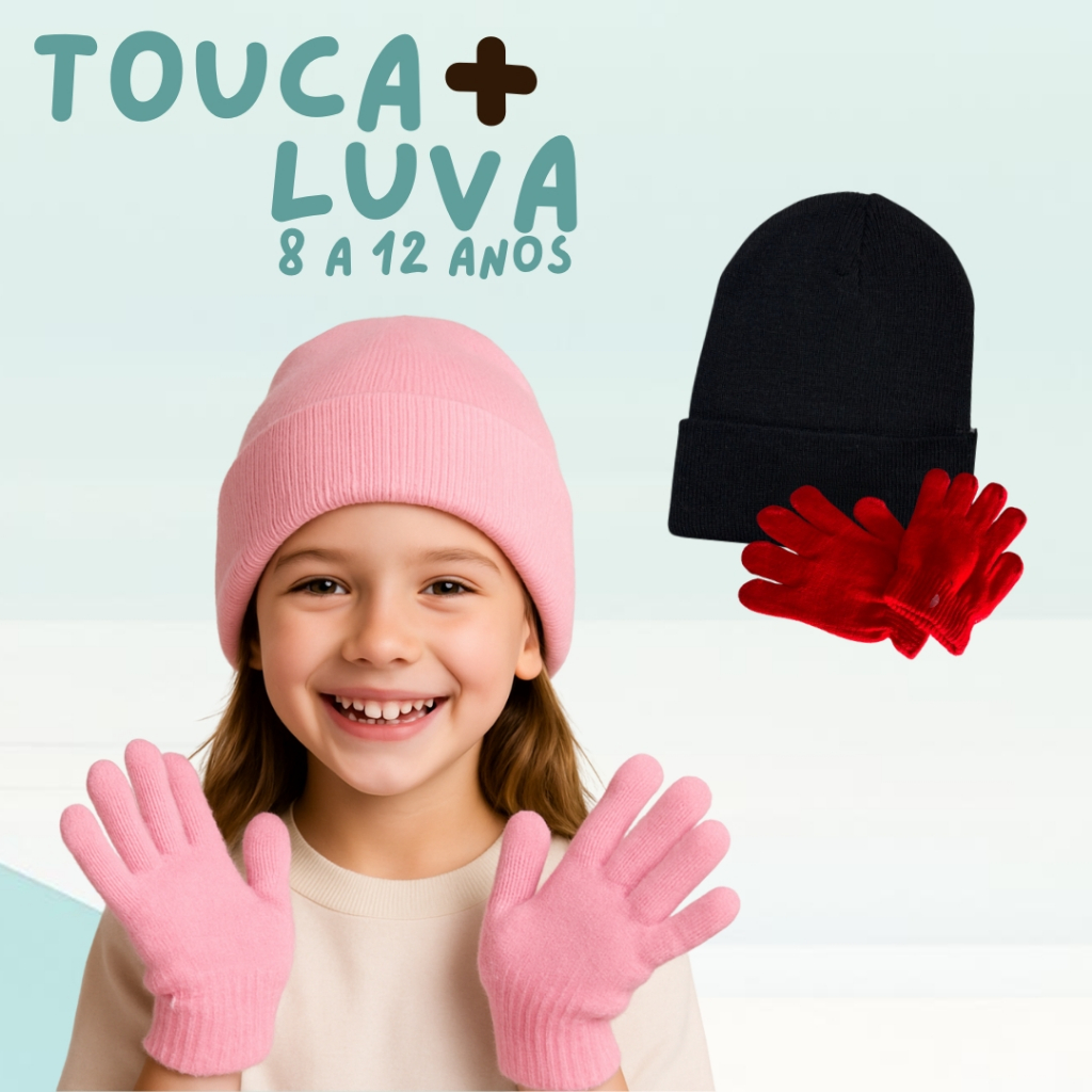 Kit Touca e Luvas Infantil 8 a 12 Inverno Frio Criança Escola Viagem ...