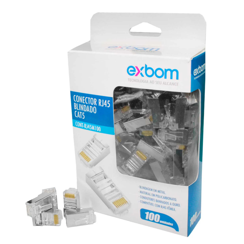 Kit 100 Conector Rj45 Cat5e Ouro Blindado Gigabit | Shopee Brasil