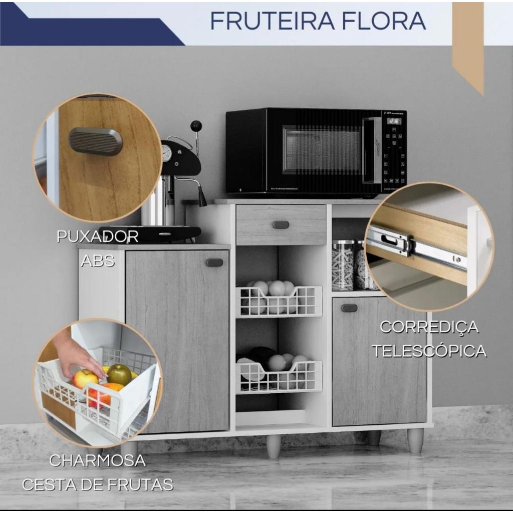 Fruteira Cozinha Flora MDP Compacta Flex Branca Cinamomo Pé Alto
