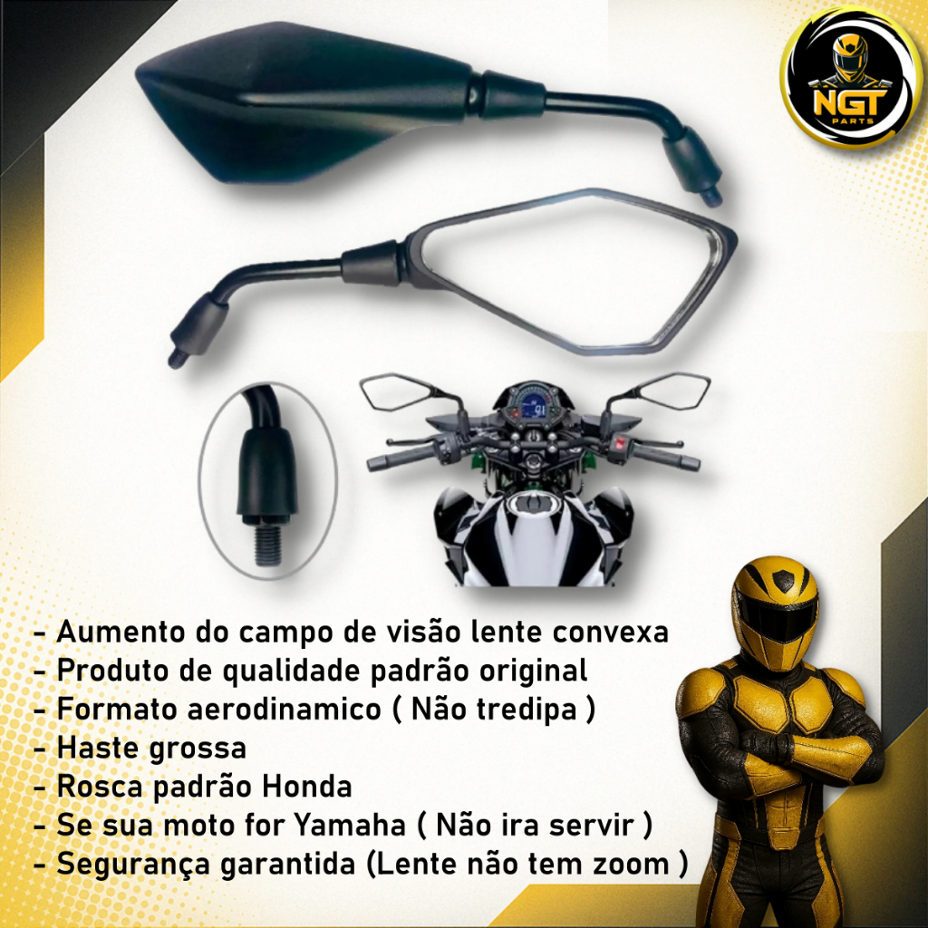 Retrovisor Kawasaki Z400 Z800 Z900 Z1000 Haste Longa Fixo Lente