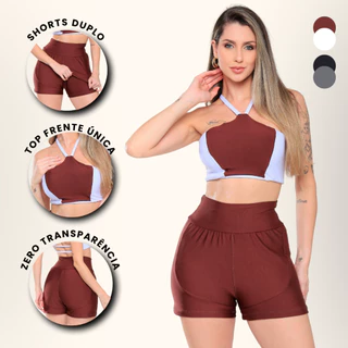 Conjunto Fitness Academia Feminino Top Bojo Frente Única Costas Vazada e Shorts Duplo