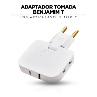 Adaptador Tomada Benjamim T Com Entrada USB Articulável e Tipo C