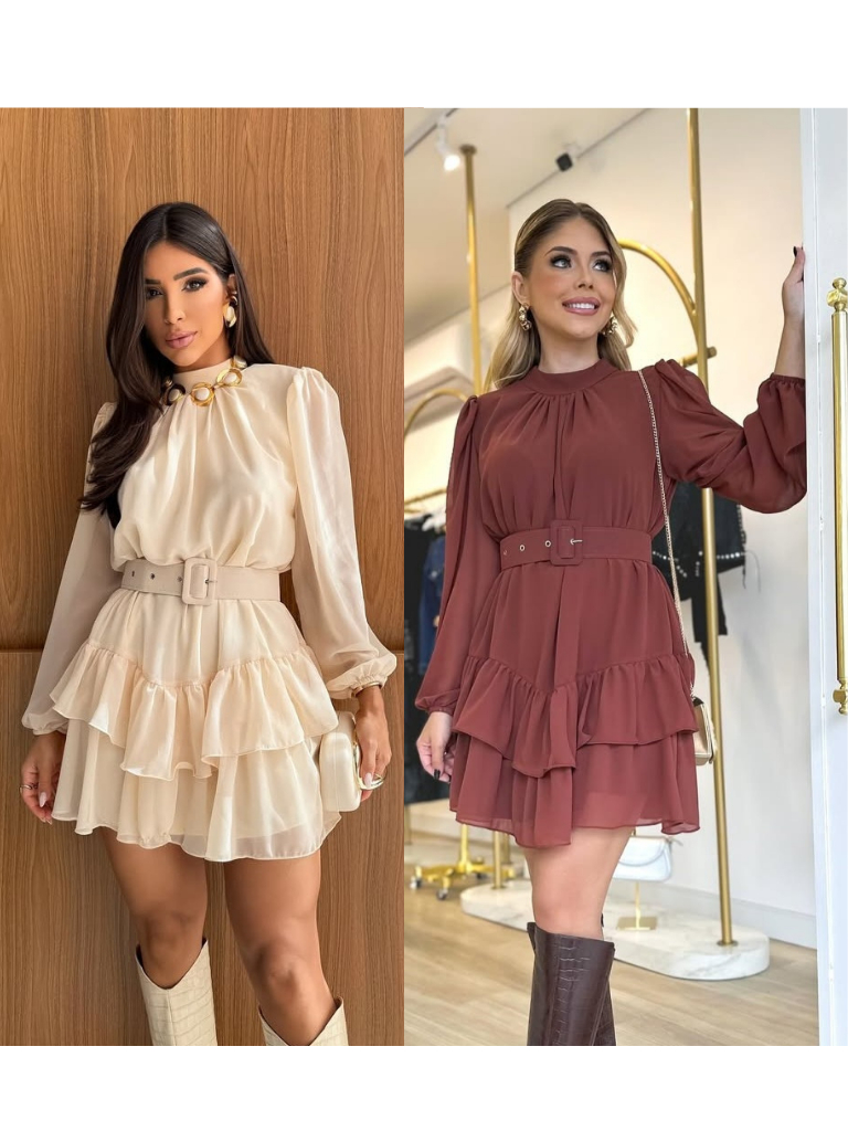 Vestido feminino Princesa Boho Chic soltinho manga longa babados chiffon  inverno verão festa