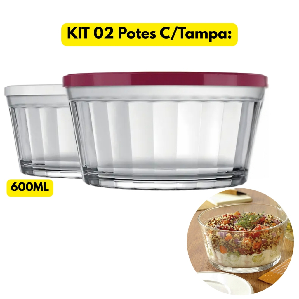 Jogo Kit 02 Potes Americano C/Tampa 600ML Vidro Duralex Tigela Vasilha ...