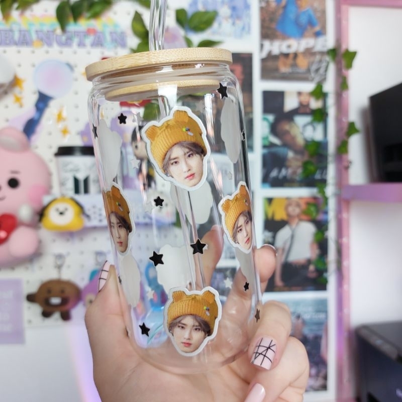 Copo de Vidro Han StrayKids- STAY - com tampa de bambu - Kpop - FanMade Han Jisung