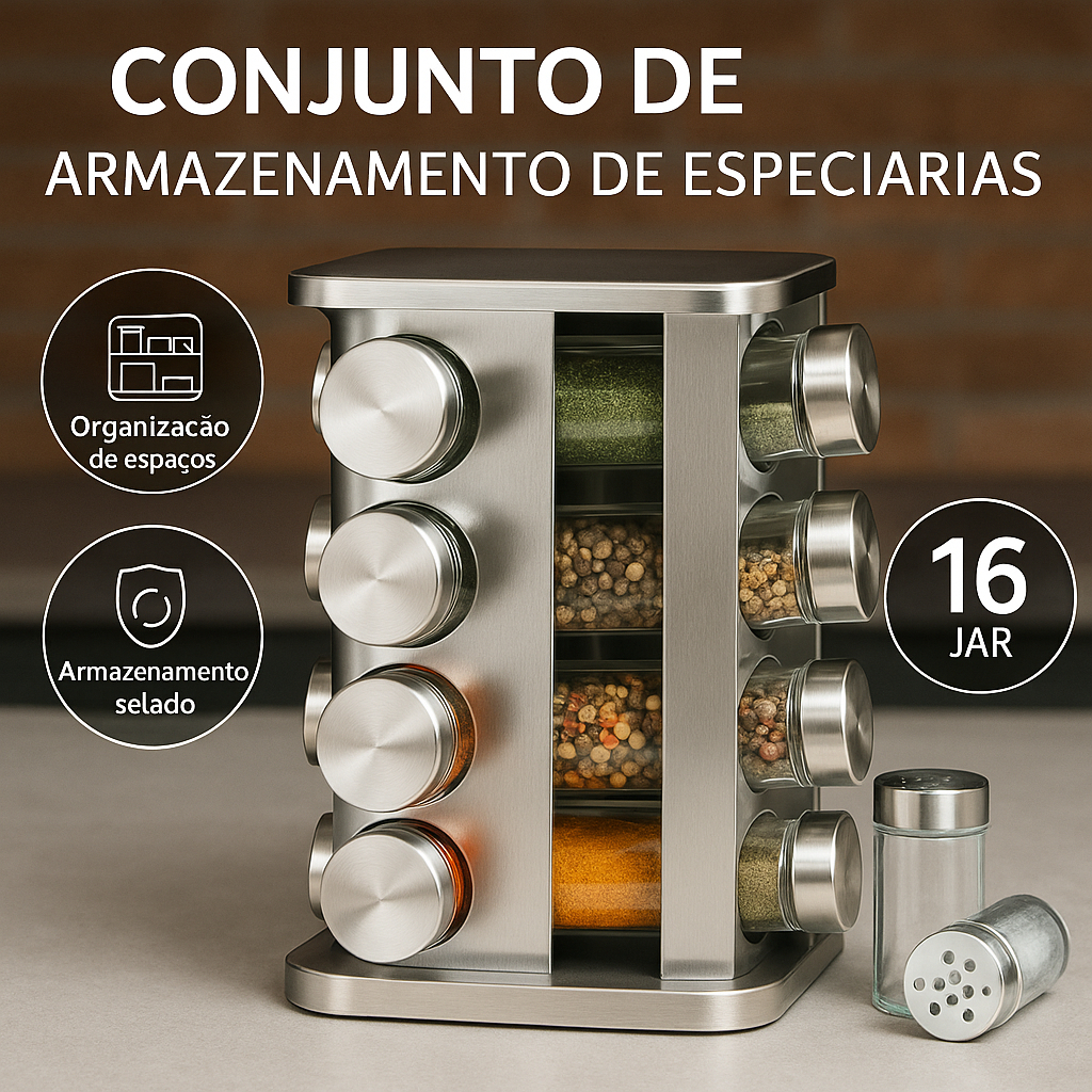 Porta Temperos Giratório Porta Condimentos 12/16 Potes Vidro Tampa Dosadora