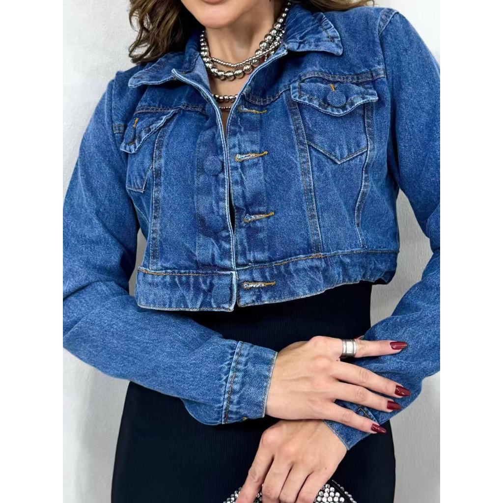 Jaqueta Cropped Jeans Feminina lavagem escura | Shopee Brasil