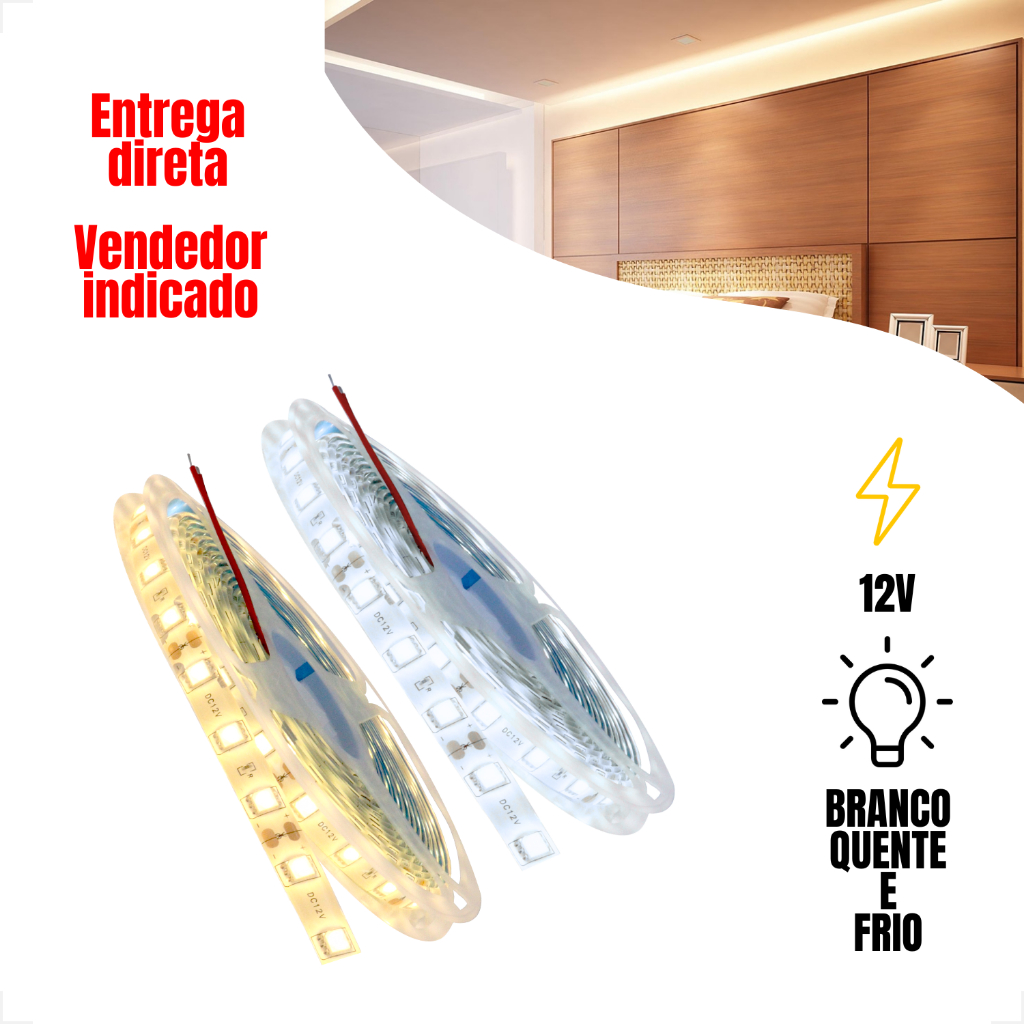 Fita Led 5050 5m 60 Leds 10mm 12v Branco Frio 3000k Quente Apollo Light