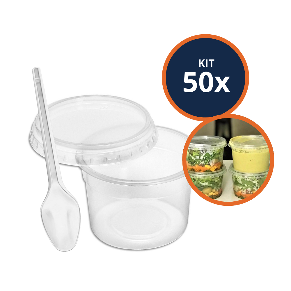Kit 50/100/150 Potes Redondos 200ml Com Tampa E Colheres de Sobremesa ...