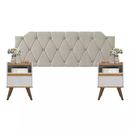 Conjunto Mesa De Cab Com Gaveta + Cabeceira Estofada Box Para Cama Queen KELLY E KIT TED BRA/FREIJÓ