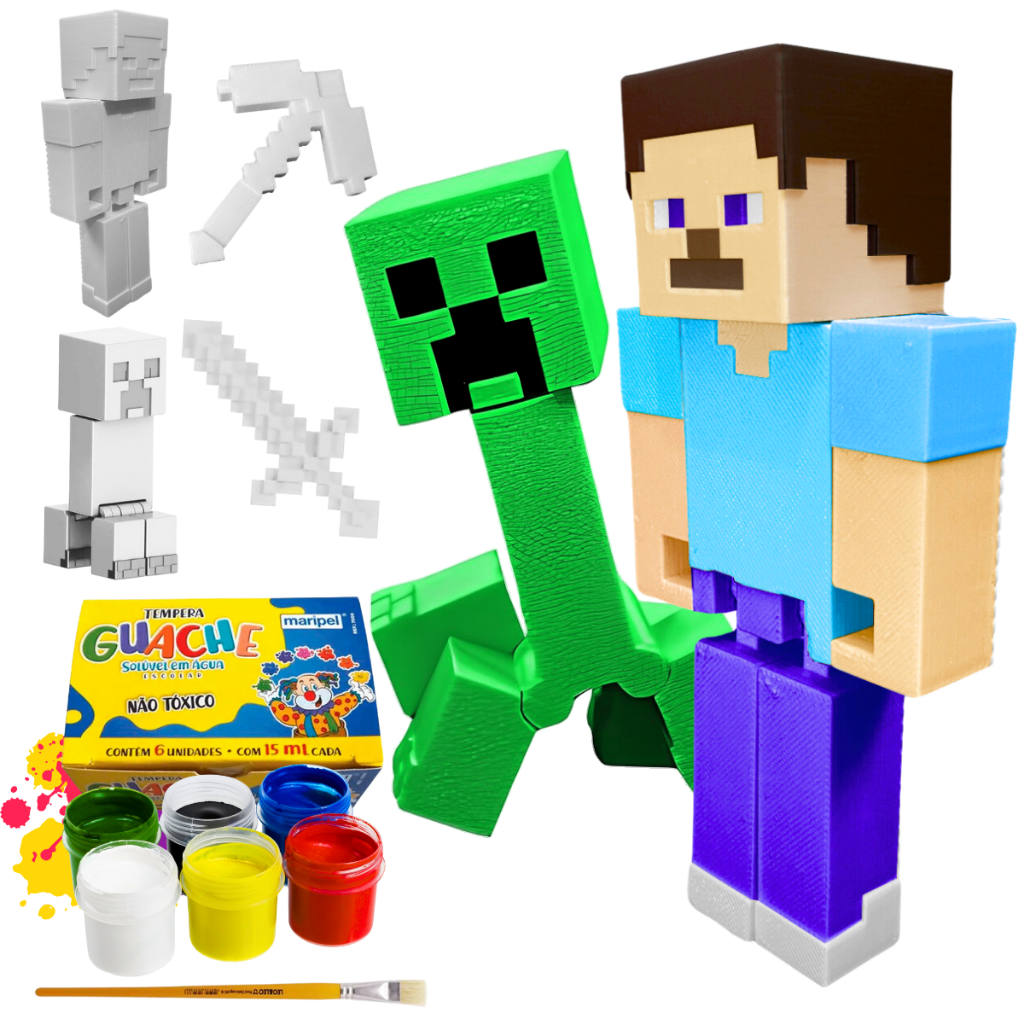 Boneco Steve Minecraft Colorir Creeper Articulado Brinquedo Para Pintura Infantil 6 Tintas