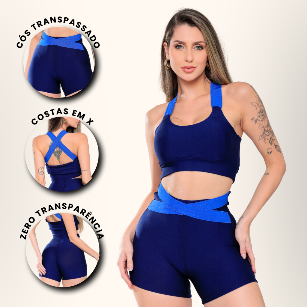 Conjunto Academia Shorts Cós Transpassado e Top Bojo com Alças Largas